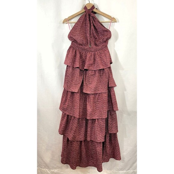 Pink Maroon Dress Women Medium Maxi Tiered Ruffle Glitter Mauve Feminine Halter - Picture 4 of 12